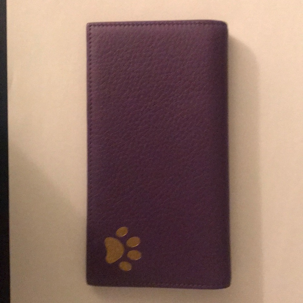 Leatherology purple checkbook, gold embossed paw